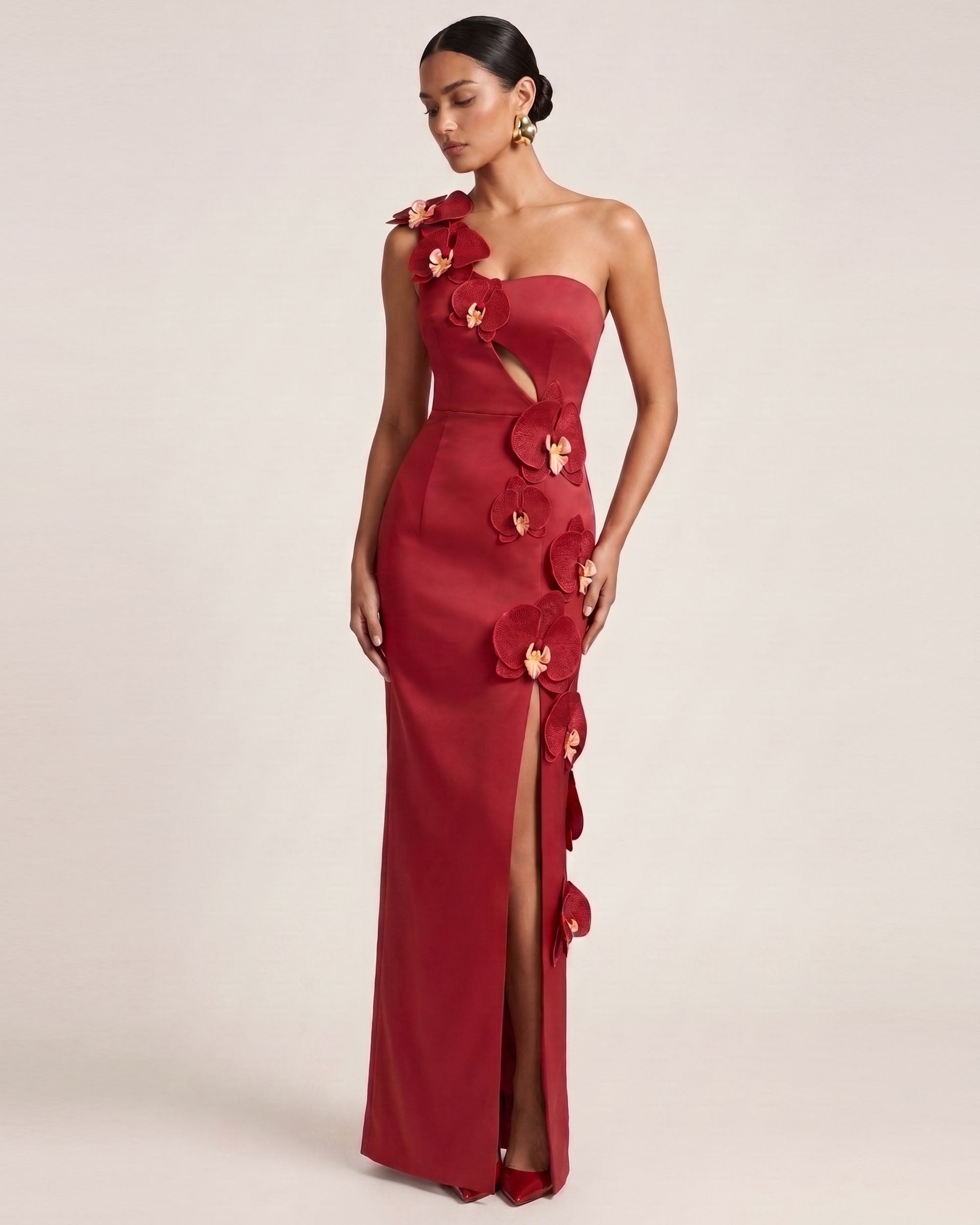Orchid Embellished Cutout Slit Maxi Dress - Red