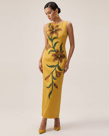 Lily Floral Print Sleeveless Column Maxi Dress - Mustard Yellow