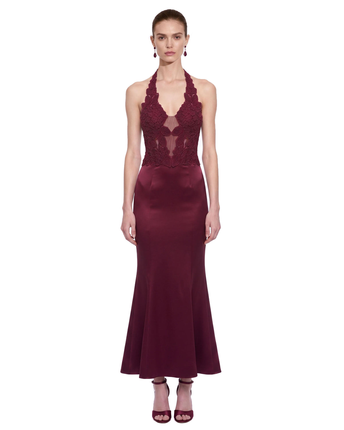 Floral Lace Sheer-Panel Halter Mermaid Dress – Burgundy