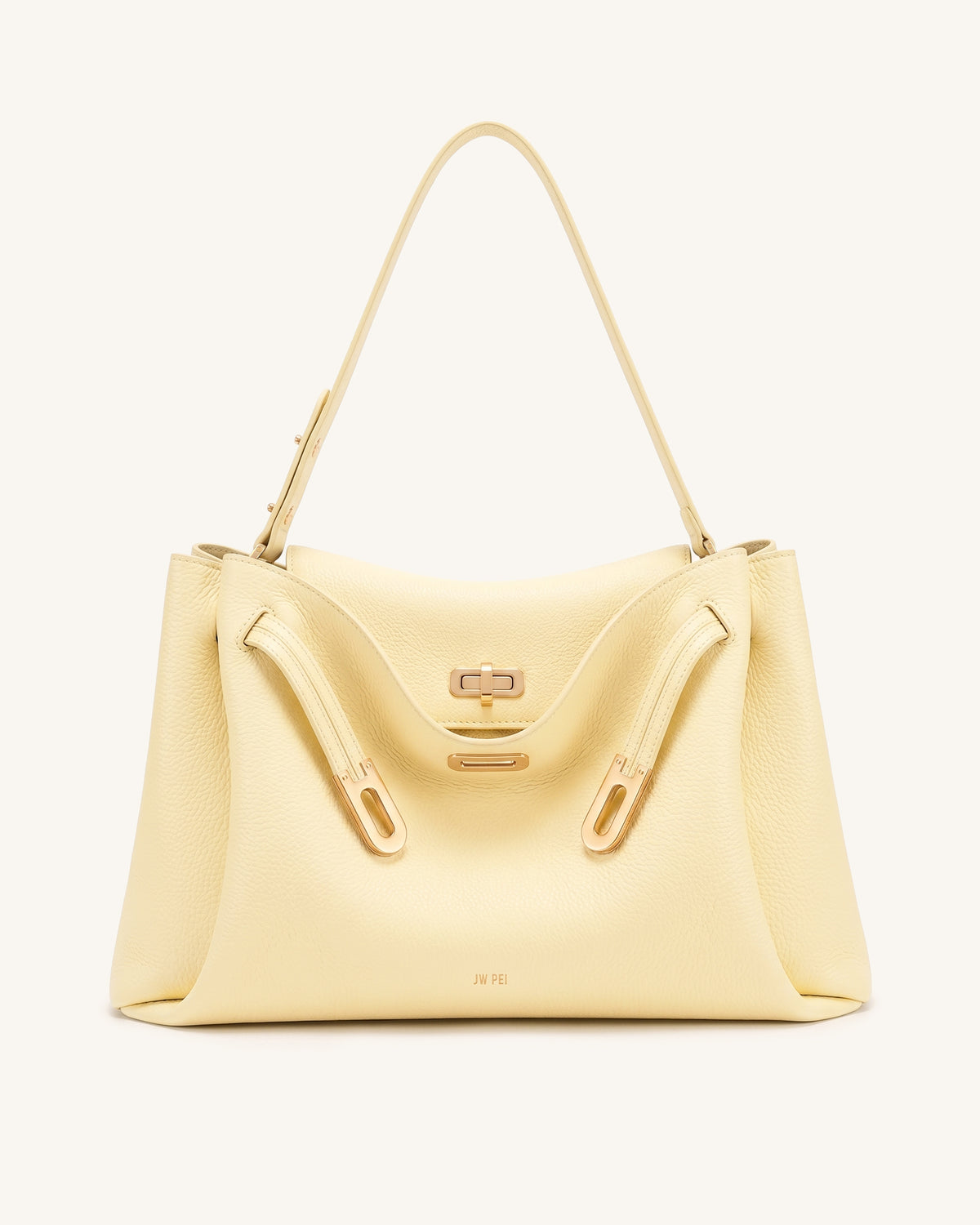 Rhea Large Pebbled Double Buckle Shoulder Bag - Creamy Yellow