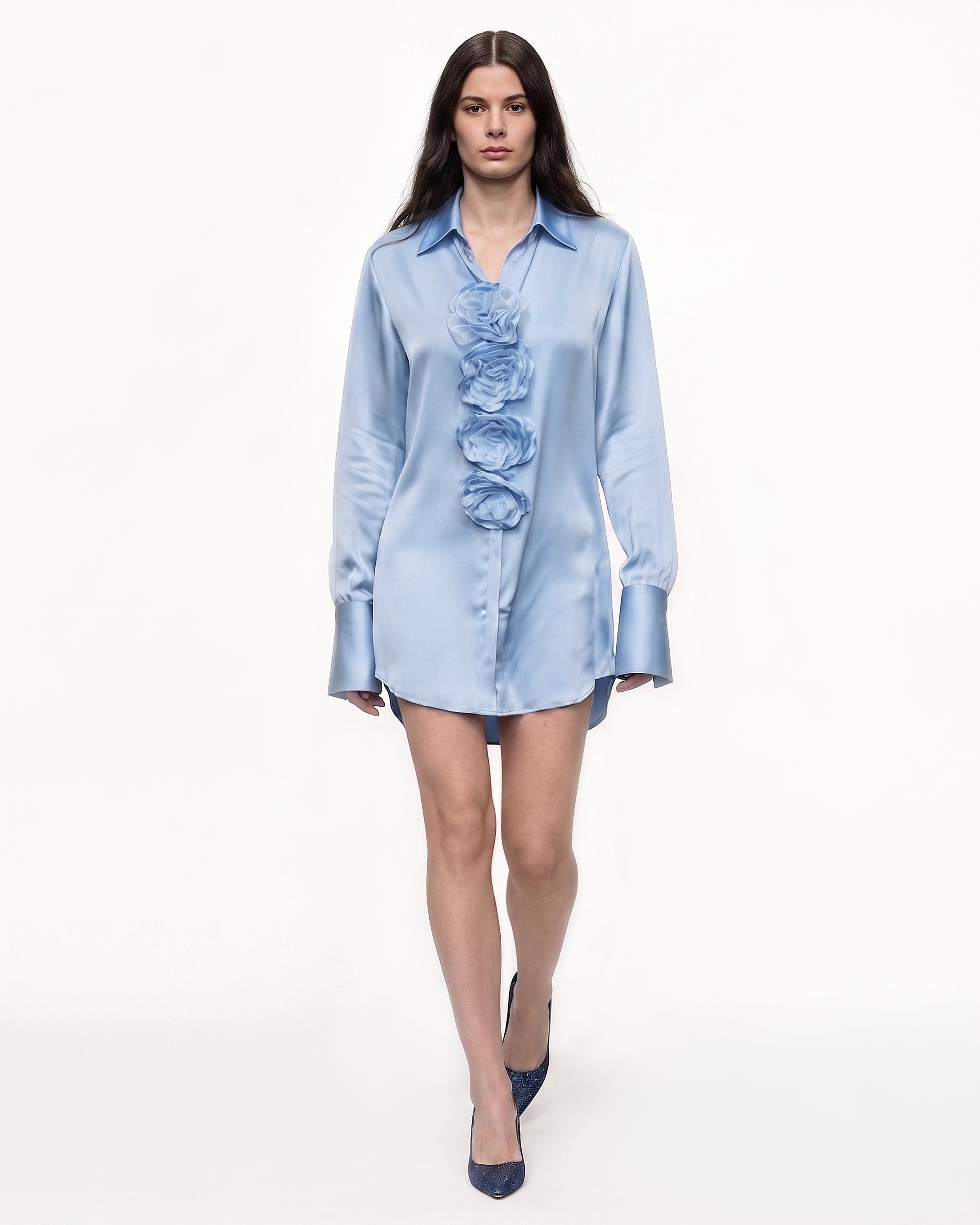 3D Floral Satin Button-Down Shirt - Light Blue