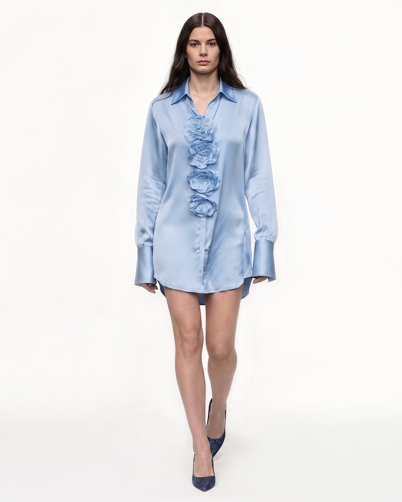 3D Floral Satin Button-Down Shirt - Light Blue
