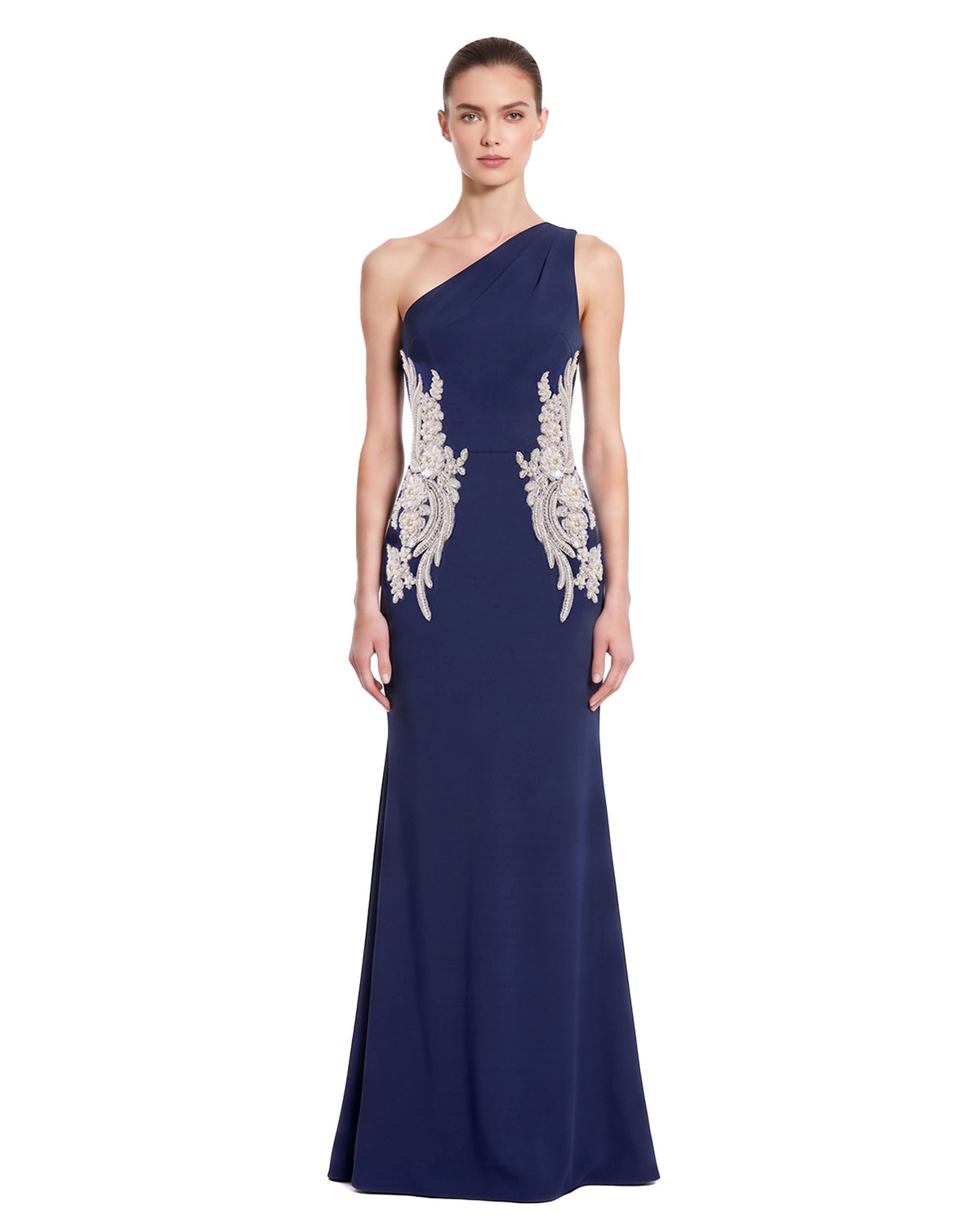 Embellished One-Shoulder Column Maxi Dress - Navy