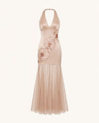 Orchid Embroidered Sheer Hem Halter Maxi Dress - Champagne
