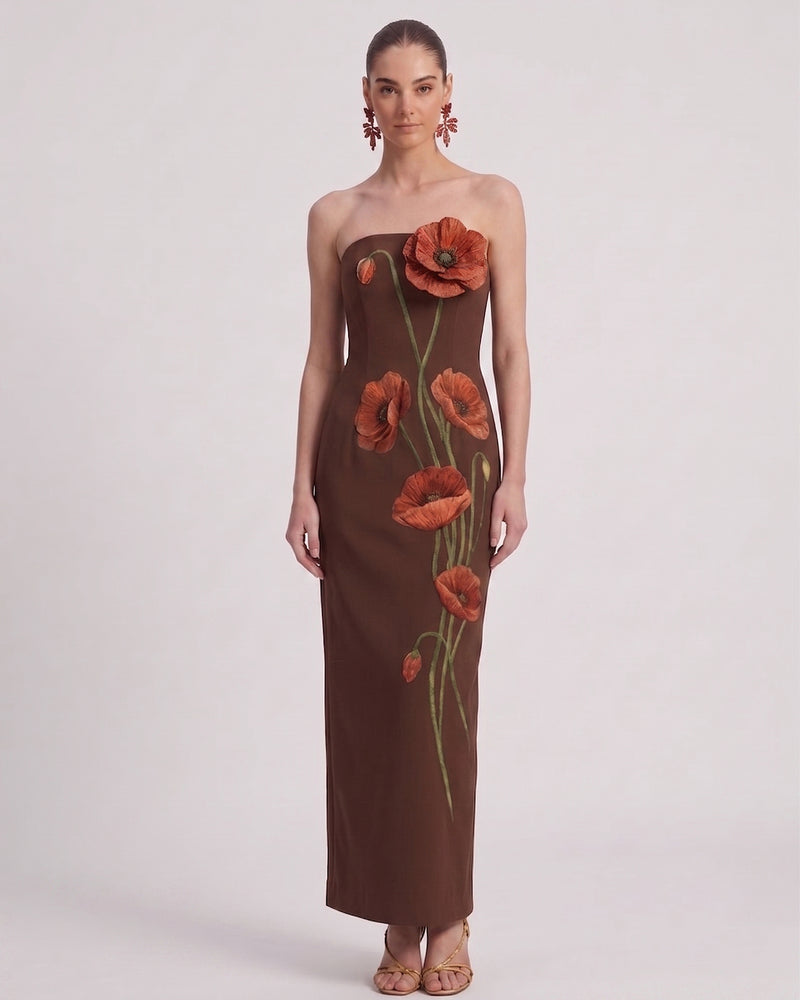 Corn Poppy Floral Strapless Column Maxi Dress - Chocolate Brown