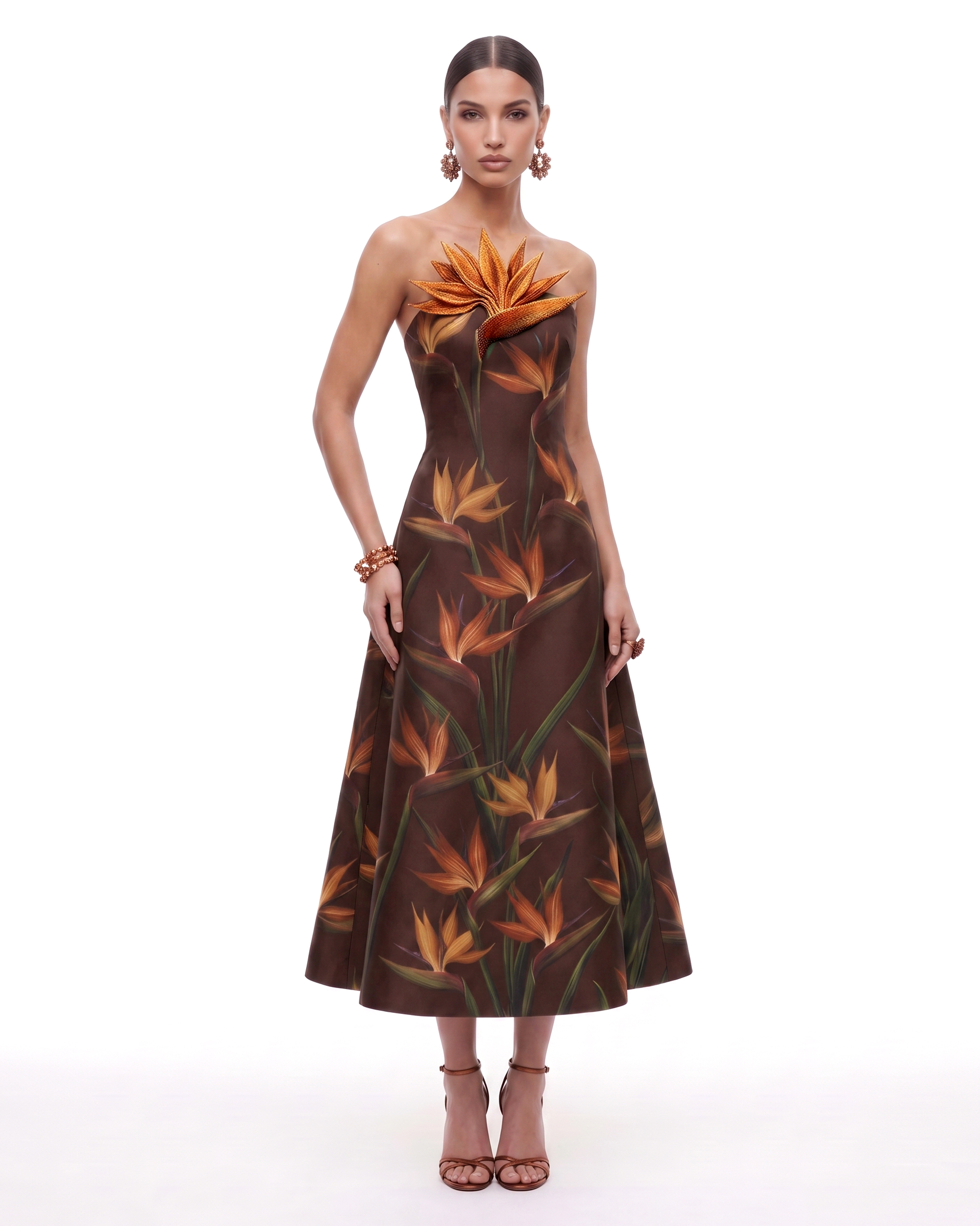Bird of Paradise Appliqué Strapless A-Line Midi Dress - Brown