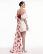 3D Floral Corn Poppy Puff-Sleeve Mini Dress with Train - Ivory