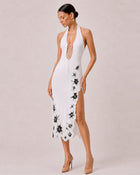 Flower Embroidered Cutout Halter Midi Dress - White