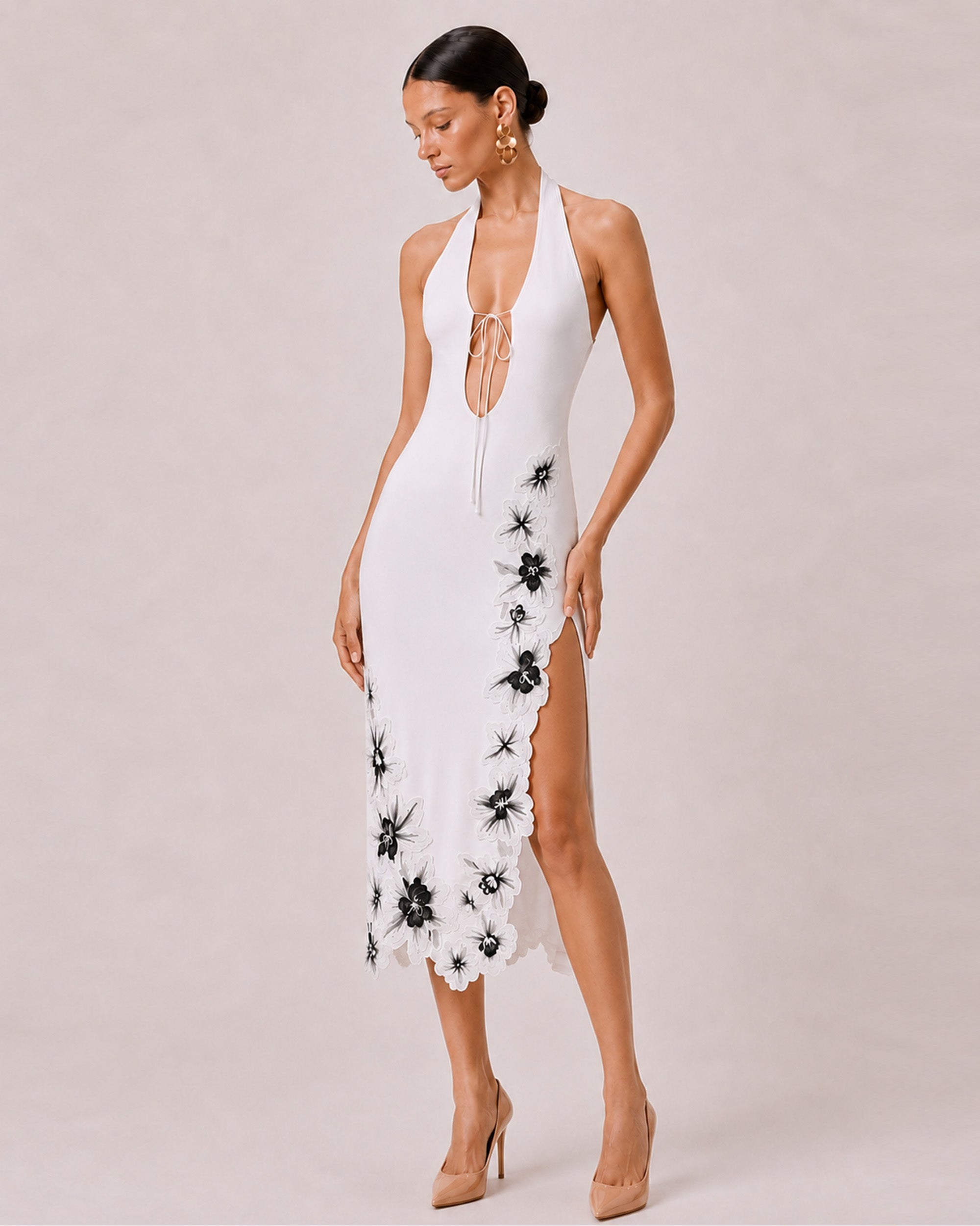 Flower Embroidered Cutout Halter Midi Dress - White
