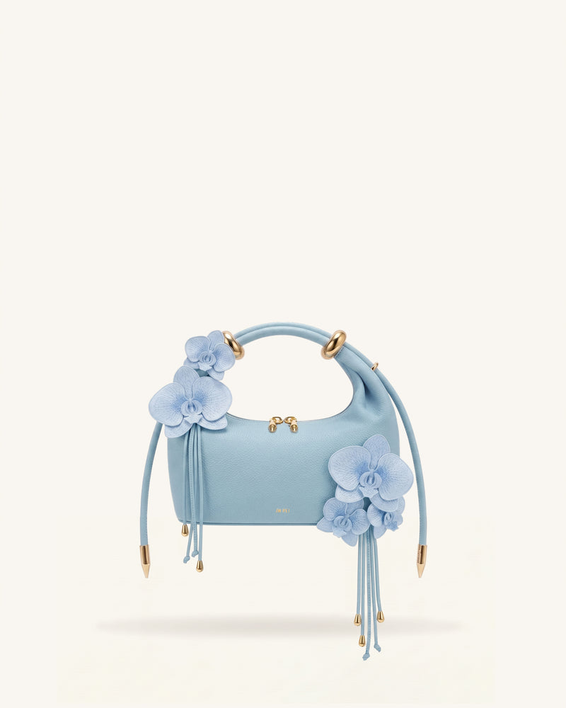 Ellie Metal Ring 3D Orchid Embellished Top Handle Bag - Light Blue
