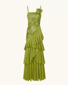 Orchid Embroidered Ruffled One-Shoulder Maxi Dress - Olive Green