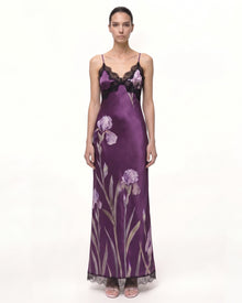 Satin Iris Print Lace Trim Spaghetti Strap Maxi Dress - Purple