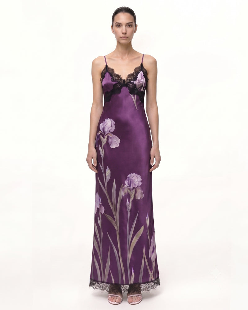 Satin Iris Print Lace Trim Spaghetti Strap Maxi Dress - Purple