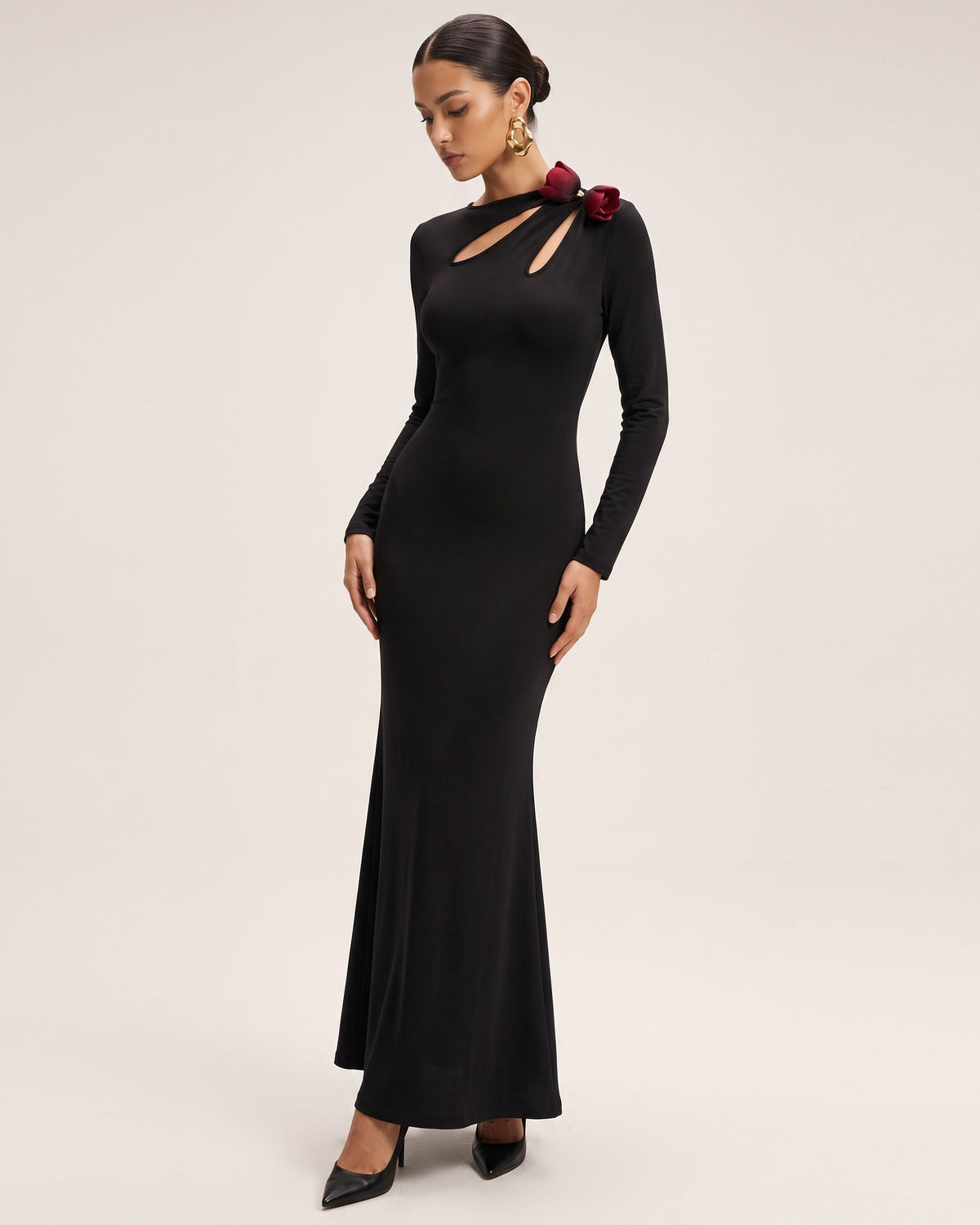 3D Embroidered Tulip Cutout Maxi Dress - Black