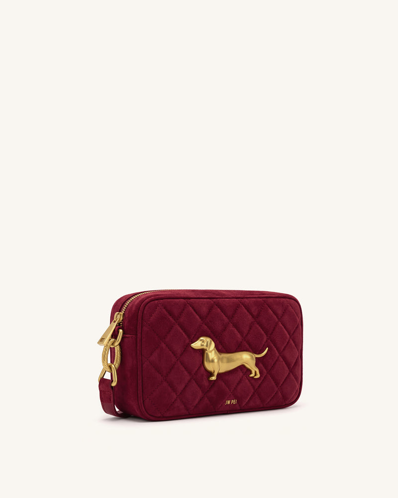 Riley Faux Suede Dachshund Quilted Shoulder Bag - Burgundy