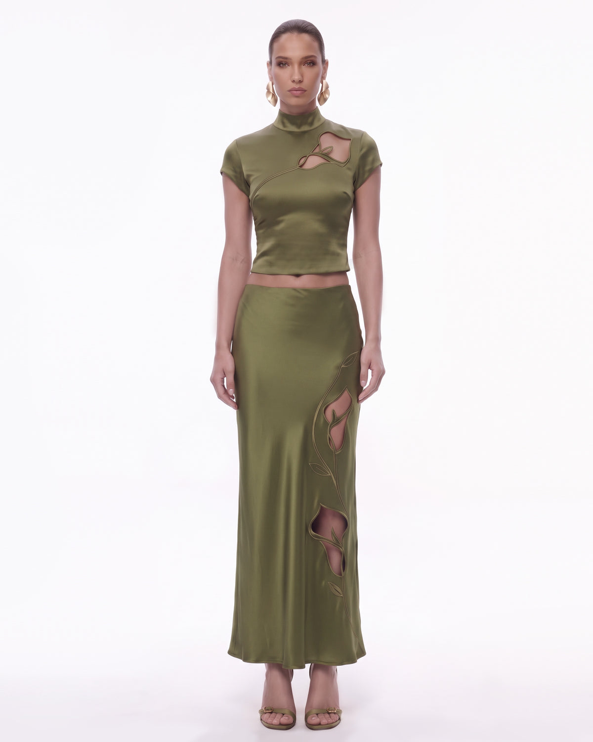 Floral Cutout Satin Maxi Skirt - Olive Green