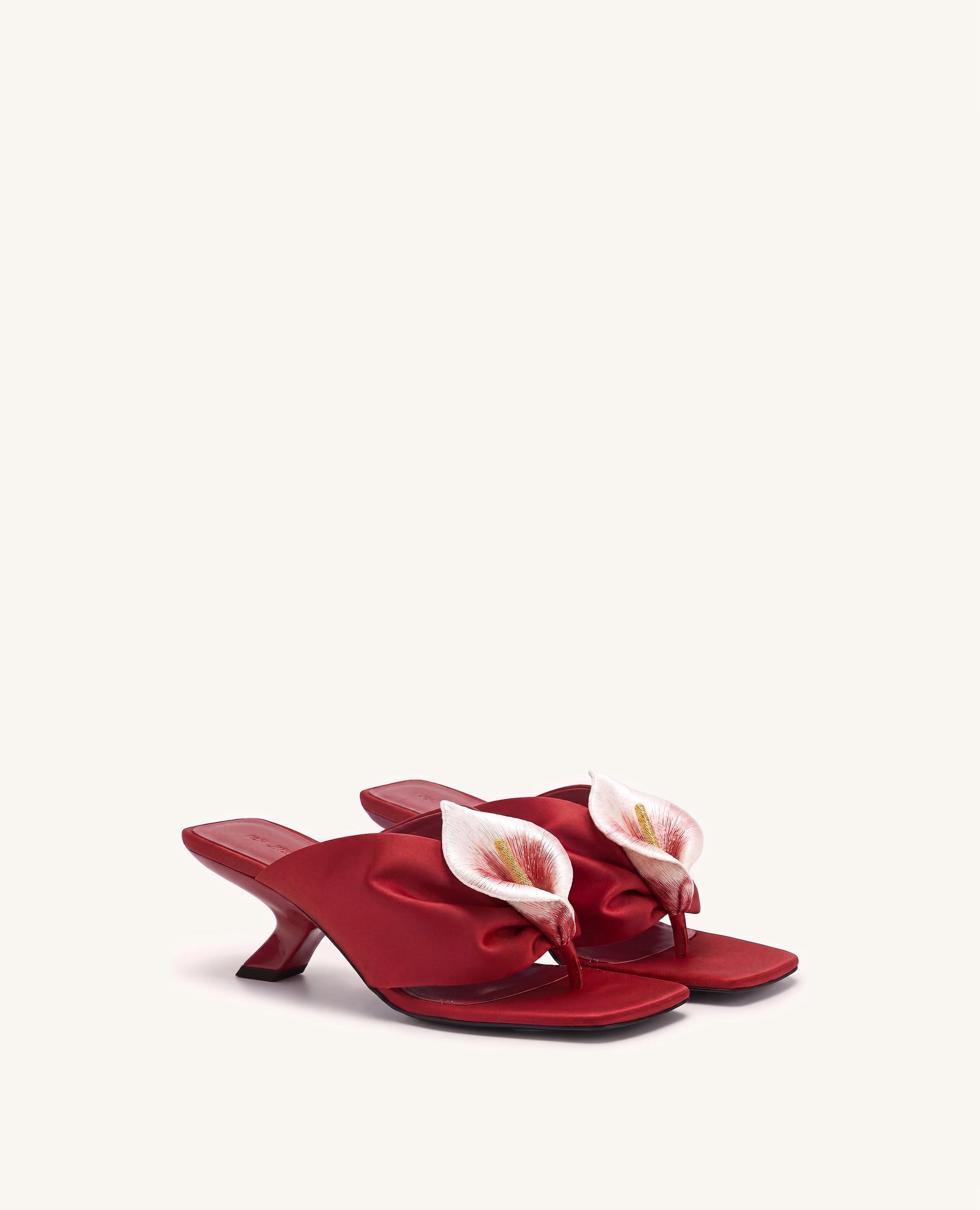 Bianca Calla Lily Ruched Toe-Post Heeled Sandals - Red