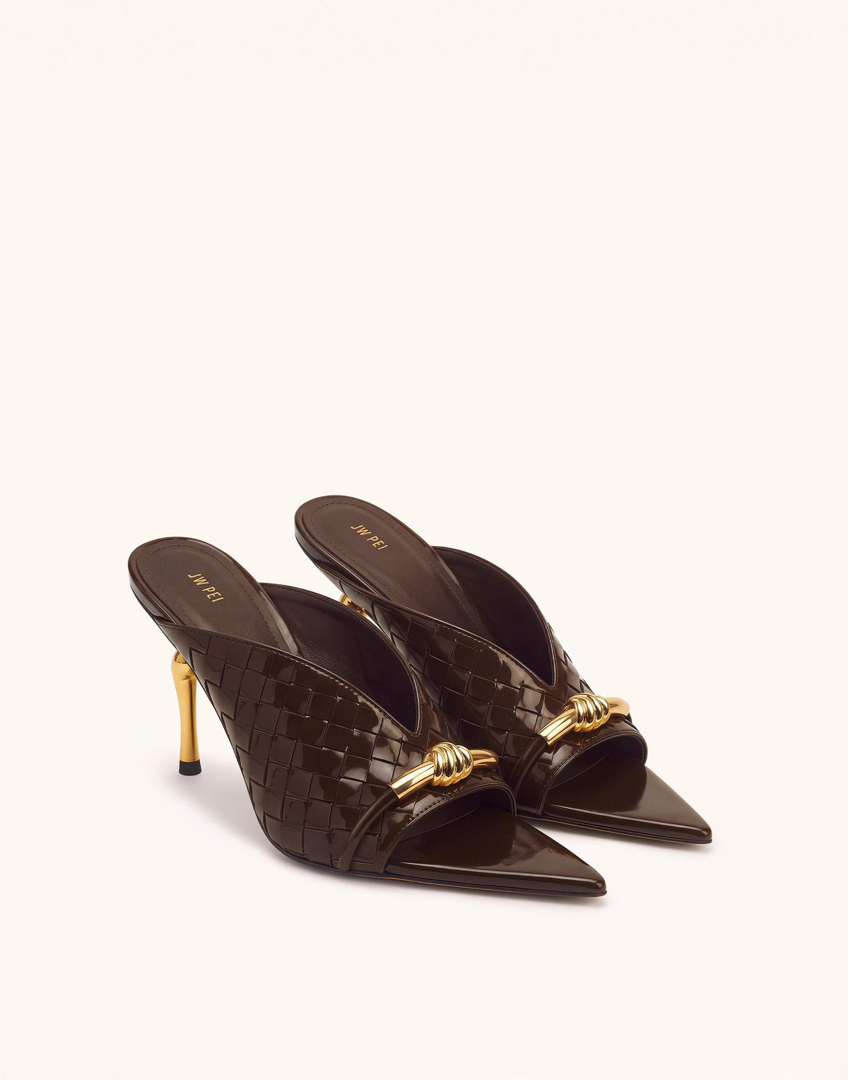Lena Metal Rope Knot Woven Upper Mule Heels - Dark Brown