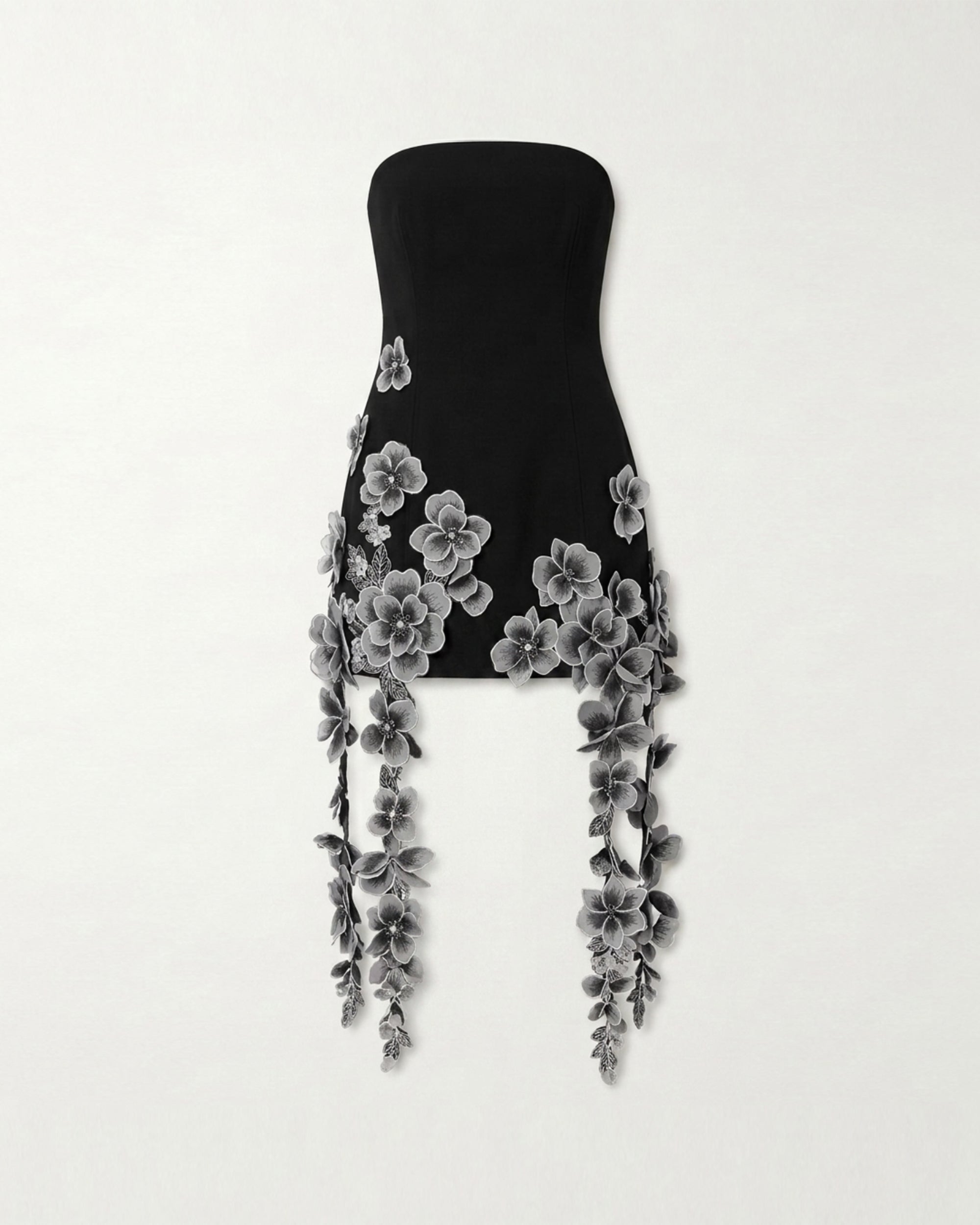 Floral Embroidered Cascade Mini Dress - Black
