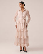 Orchid Embellished Tiered Belted Long-Sleeve Shirt Dress - Pink