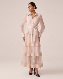 Orchid Embellished Tiered Belted Long-Sleeve Shirt Dress - Pink