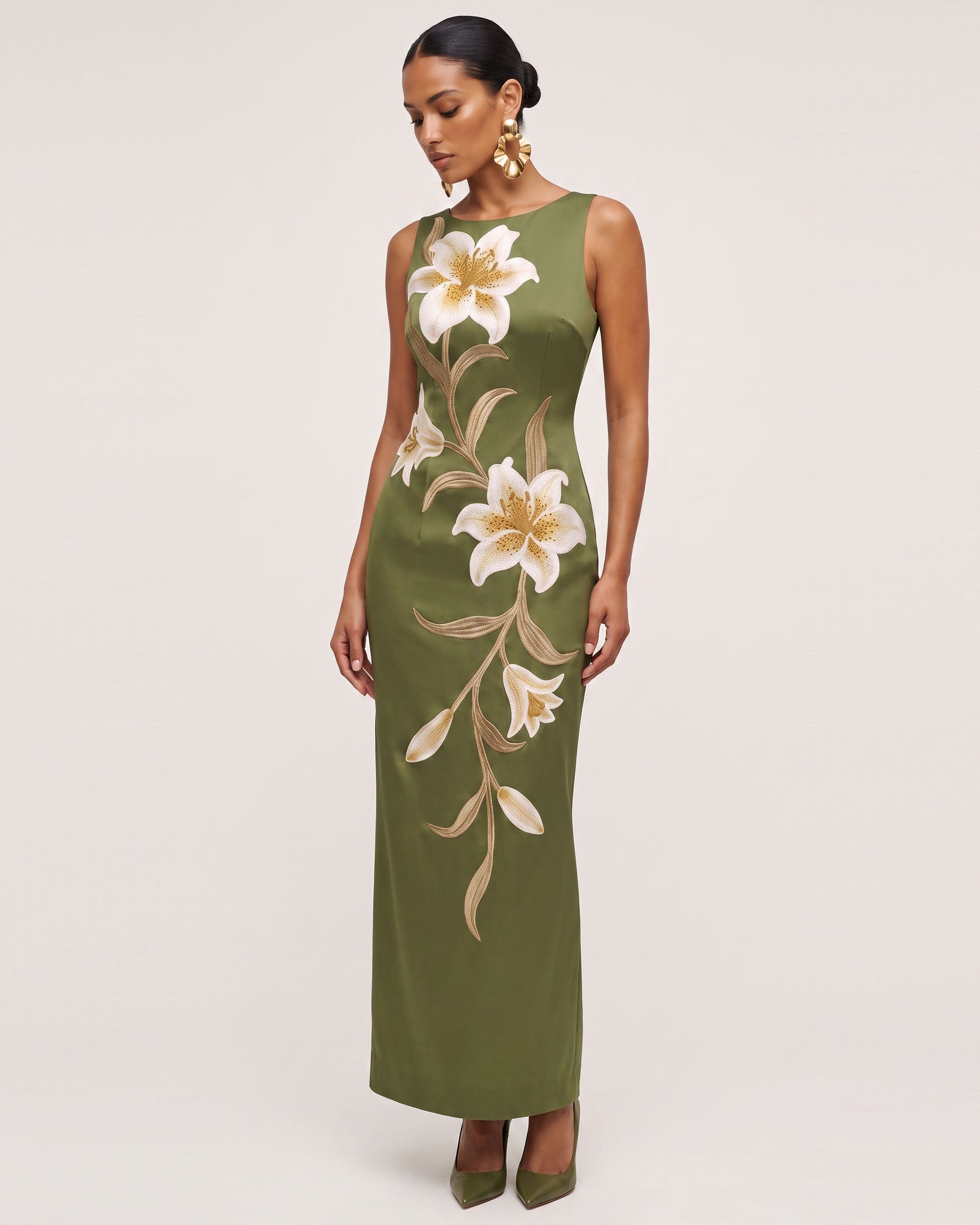 Lily Floral Print Sleeveless Column Maxi Dress - Yellowish Green