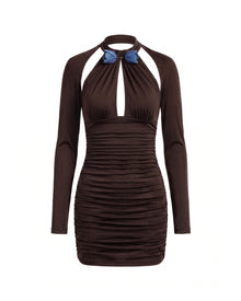 3D Embroidered Tulip Keyhole Ruched Mini Dress - Brown