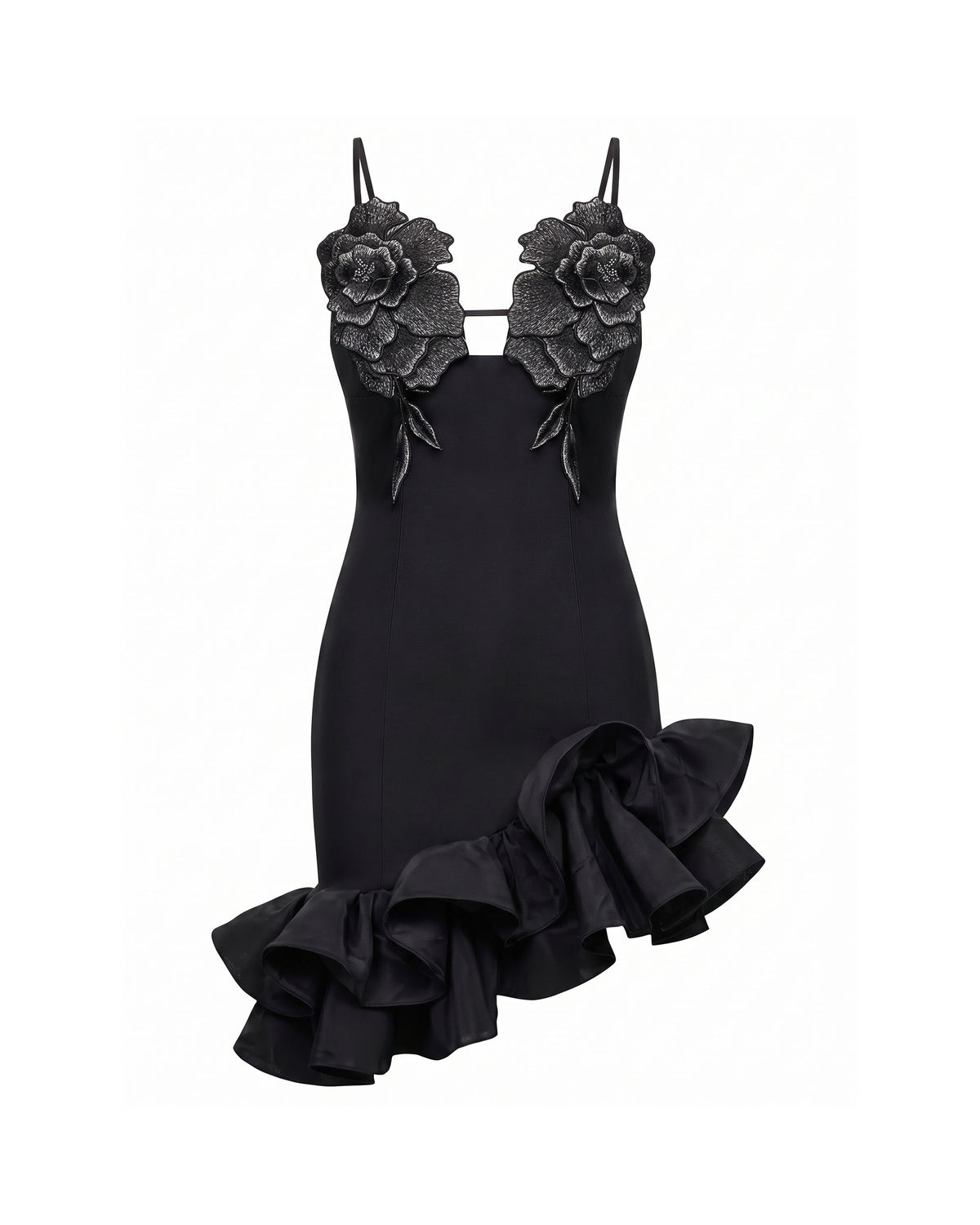 Flower Embroidered Spaghetti Strap Asymmetric Ruffle Mini Dress - Black