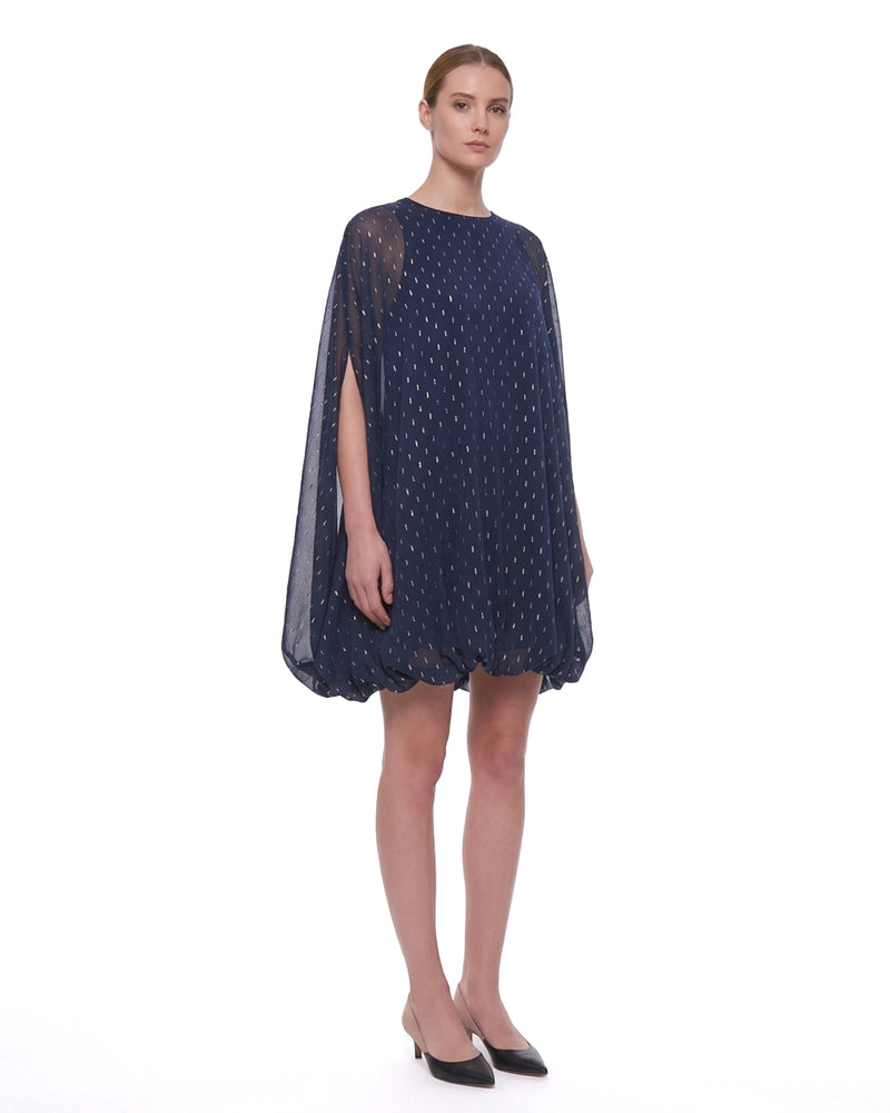 Embellished Sheer Balloon-Hem Mini Dress - Navy