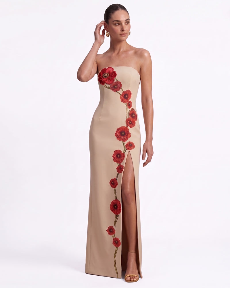 3D Floral Corn Poppy Strapless Slit Maxi Dress - Nude Beige