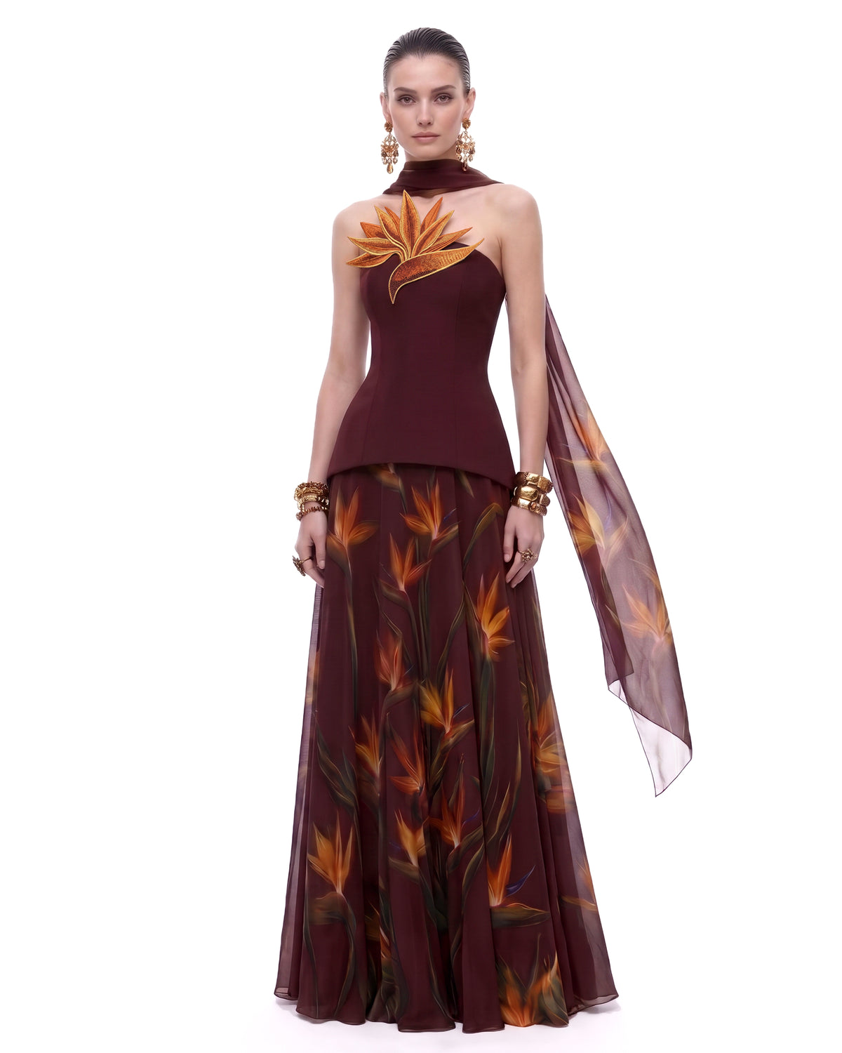 3D Bird Of Paradise Scarf Maxi Dress - Deep Burgundy