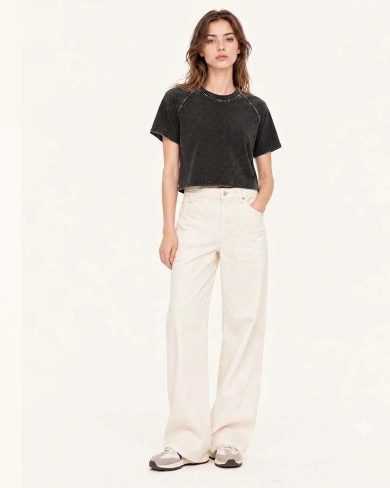 Distressed Raglan Cropped Tee - Faded Obsidian