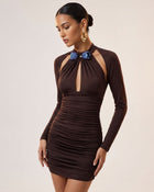 3D Embroidered Tulip Keyhole Ruched Mini Dress - Brown