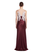 Floral Embellished Open-Back Satin Maxi Dress - Burgundy