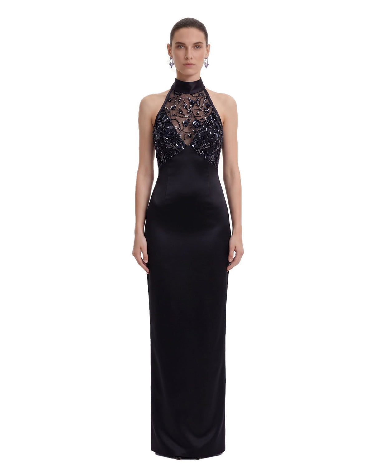 Beaded Floral Halter Sheer-Bodice Satin Maxi Dress - Black