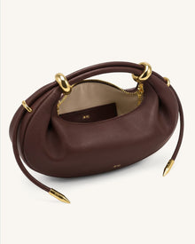Ellie Metal Ring Embellished Crescent Top Handle Bag - Dark Brown