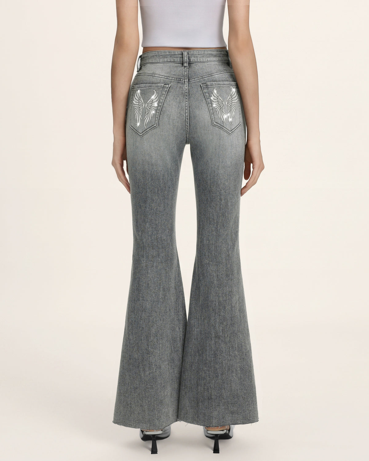 Seraphic Crystal Back Wing Bell Bottom Jeans - Smoke and Mirrors