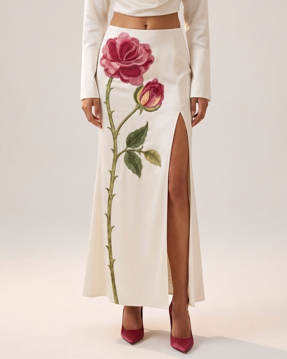 Rose Embroidered High-Split Maxi Skirt - Pure White