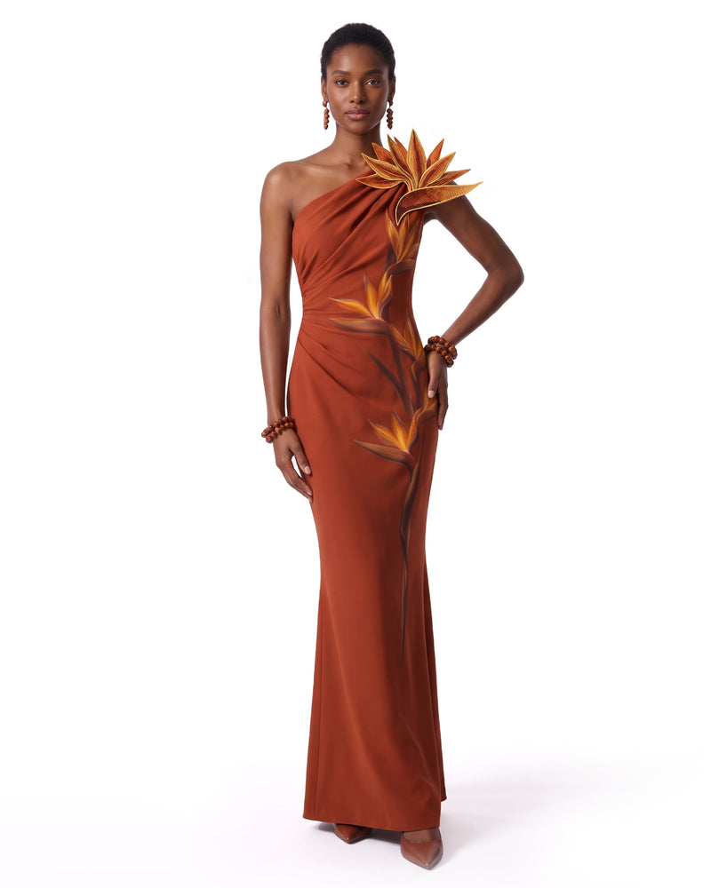 3D Bird Of Paradise One-Shoulder Maxi Dress - Rust