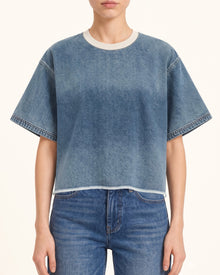 Contrast Rib Denim Cropped Tee - Washed Blue