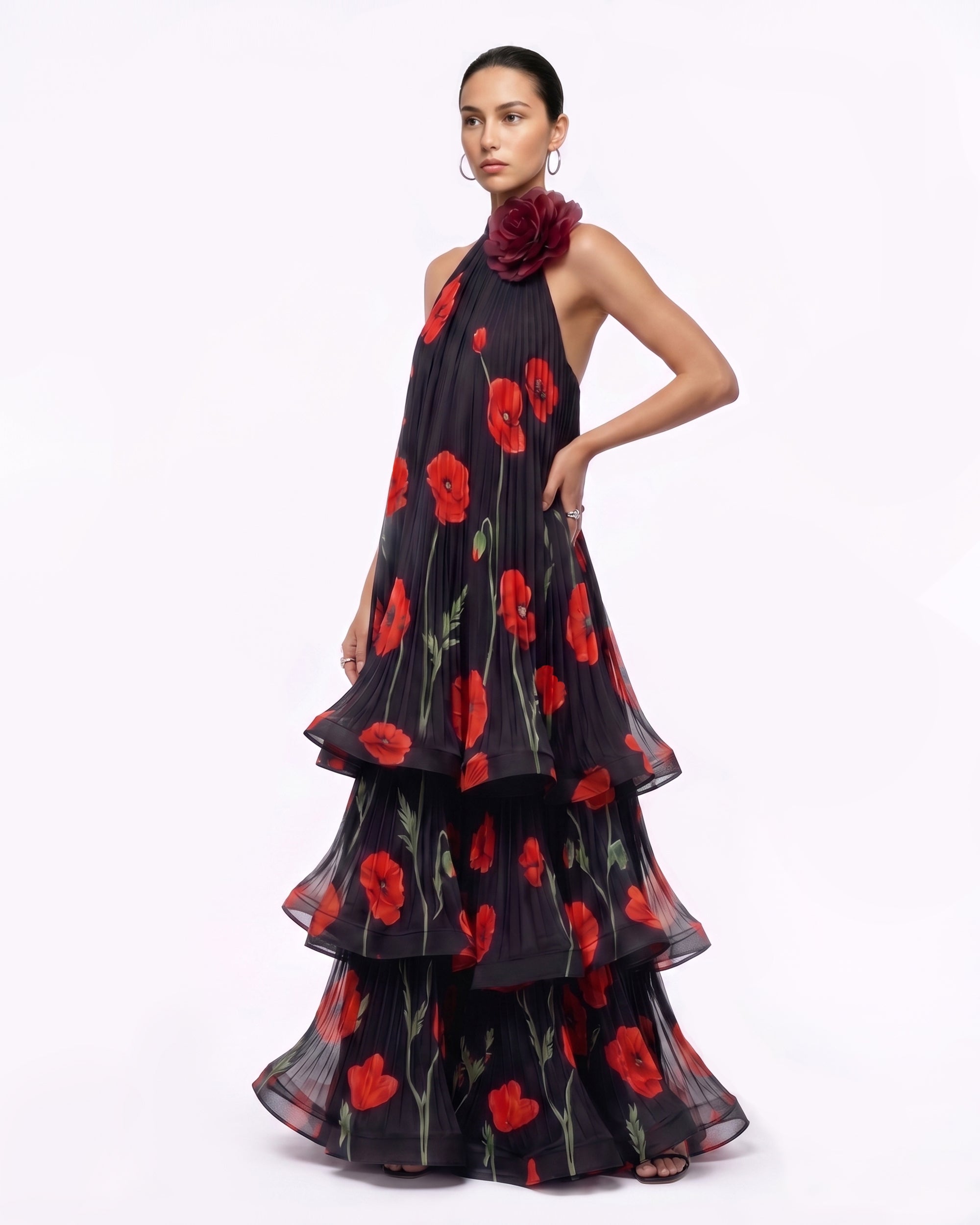 Corn Poppy Pleated Tiered Halter Dress - Black