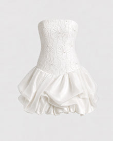 Orchid Beaded Embroidered Strapless Bubble Hem Mini Dress - White