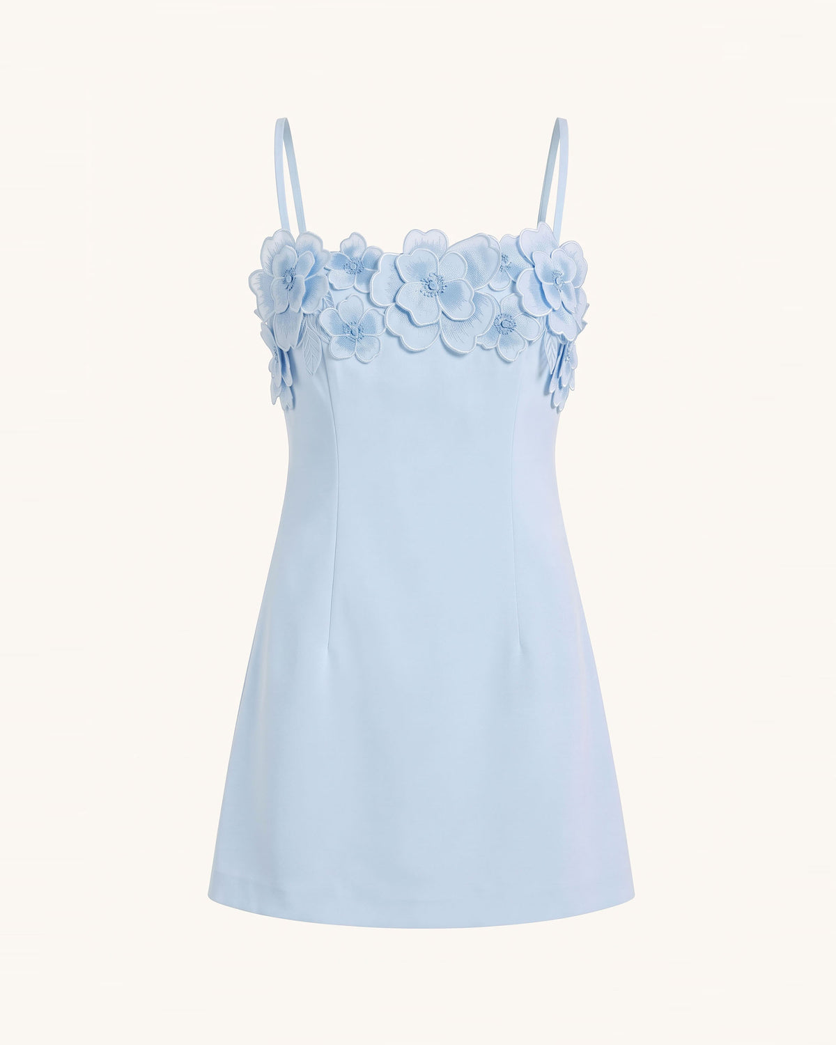 Flower Embroidered Trim Spaghetti Strap Mini Dress - Light Blue