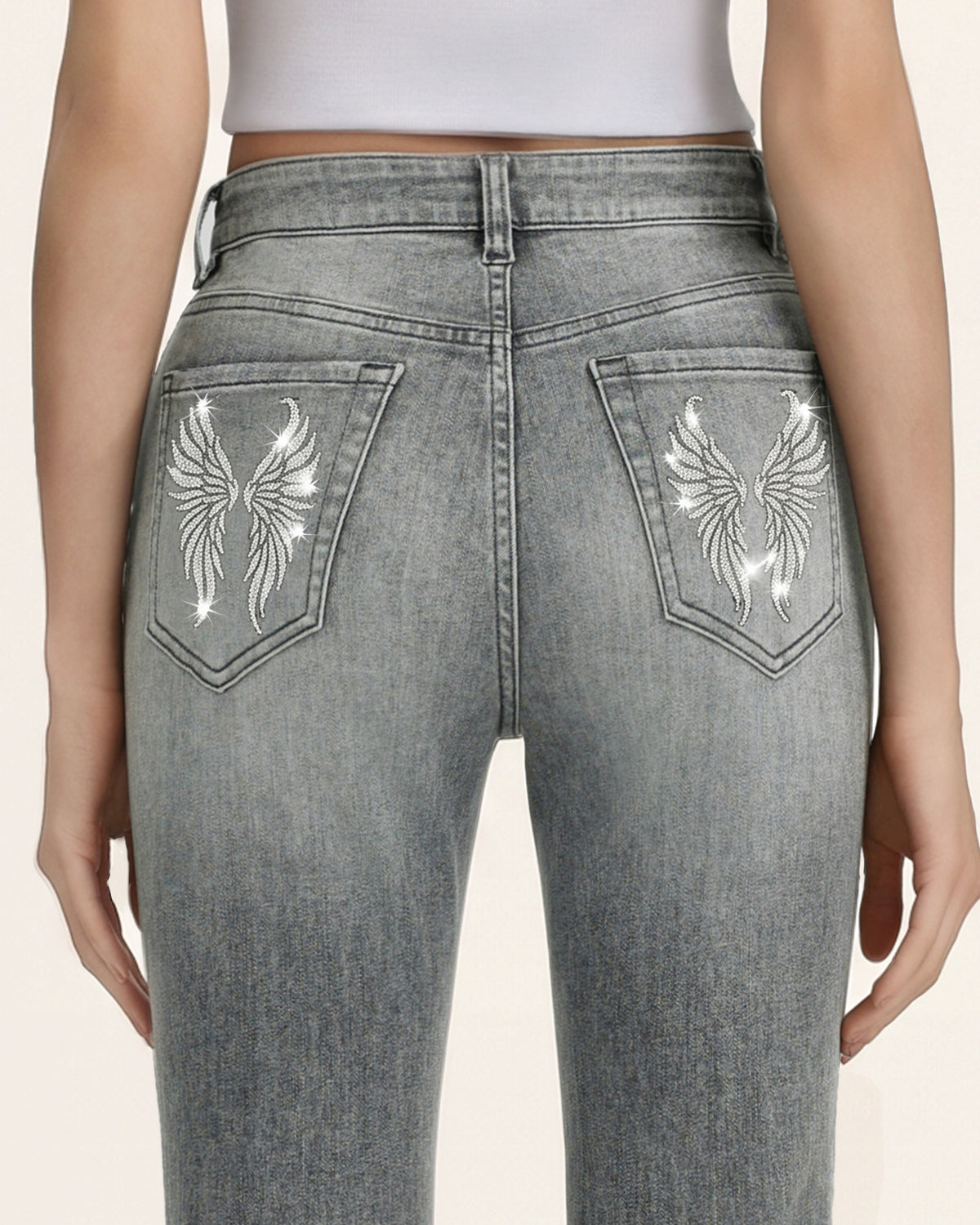 Seraphic Crystal Back Wing Bell Bottom Jeans - Smoke and Mirrors