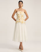Flower Embroidered Strapless Midi Dress - Ivory