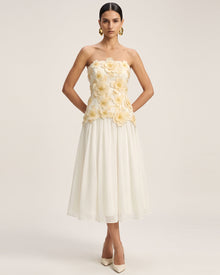 Flower Embroidered Strapless Midi Dress - Ivory