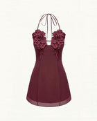 Flower Embroidered Mini Dress - Burgundy