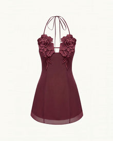 Flower Embroidered Mini Dress - Burgundy