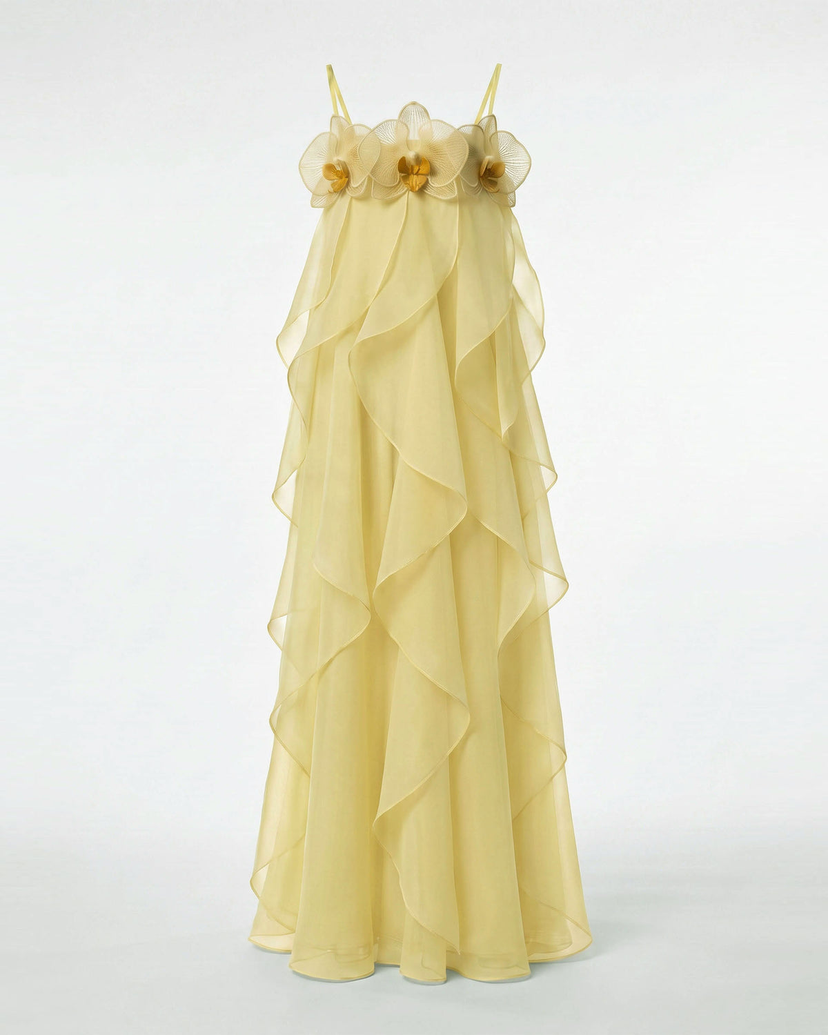 Orchid Embroidered Organza Maxi Dress - Light Yellow