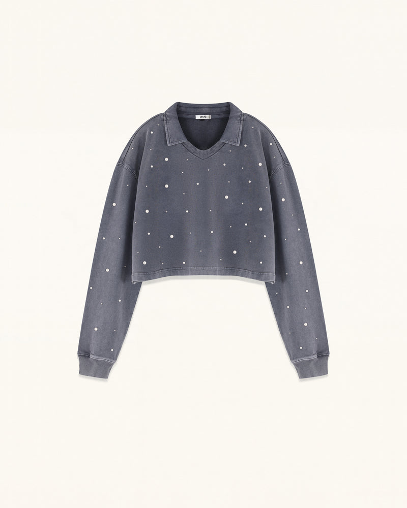 Scattered Pearl Rhinestone Cropped Sweatshirt - Washed Slate